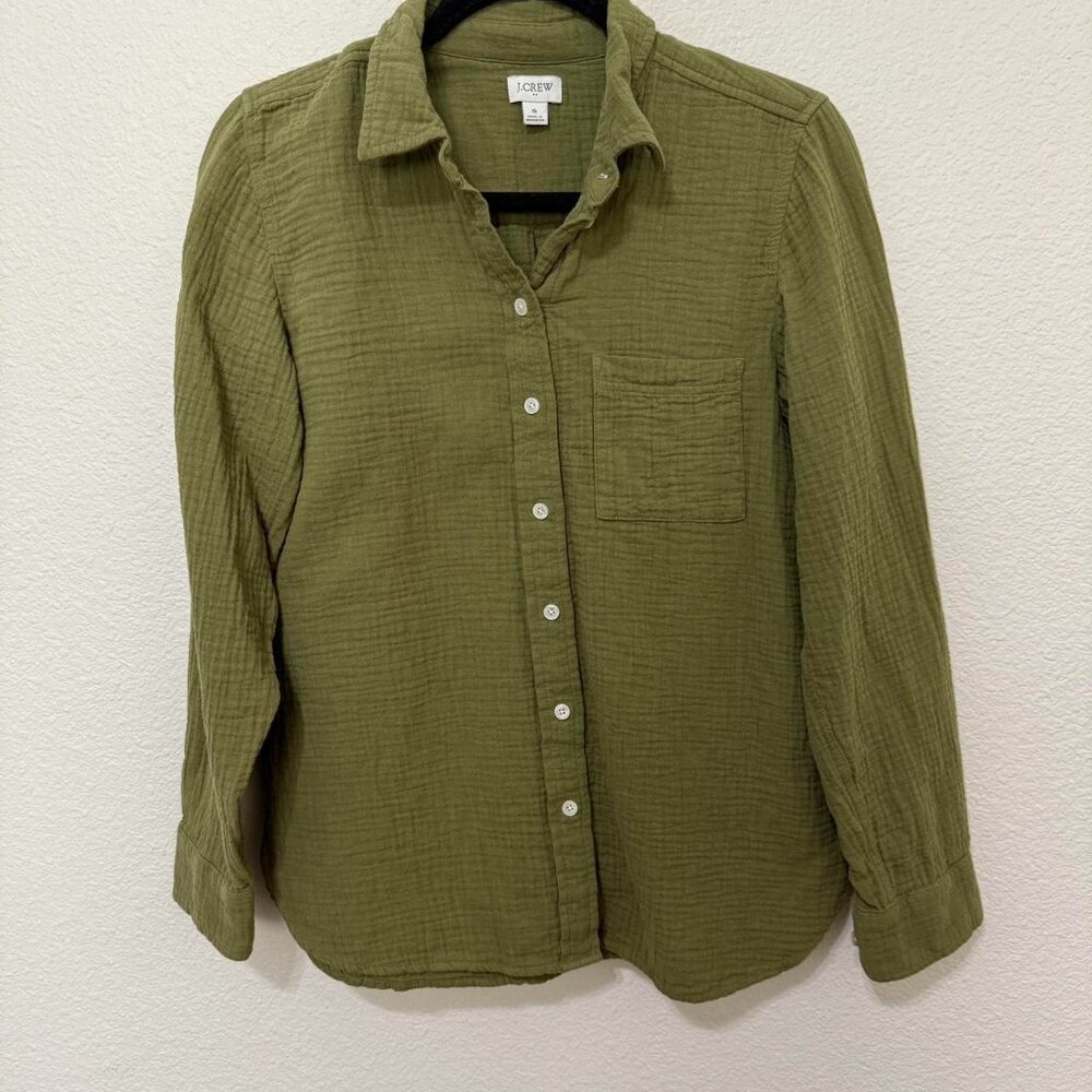 J Crew Green Double Gauze Button Up Shirt